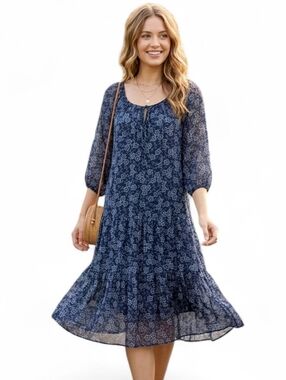 NWT Rosemarine Italy Silk Blend Tiered Midi Peasant Dress Blue Floral SZ L